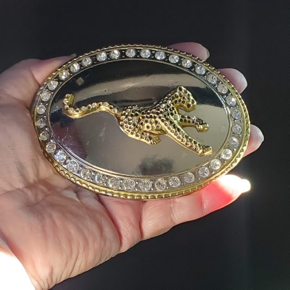 Vintage Rhinestone Leopard Belt Buckle Gold Silver Tone Oval Big Cat Bling